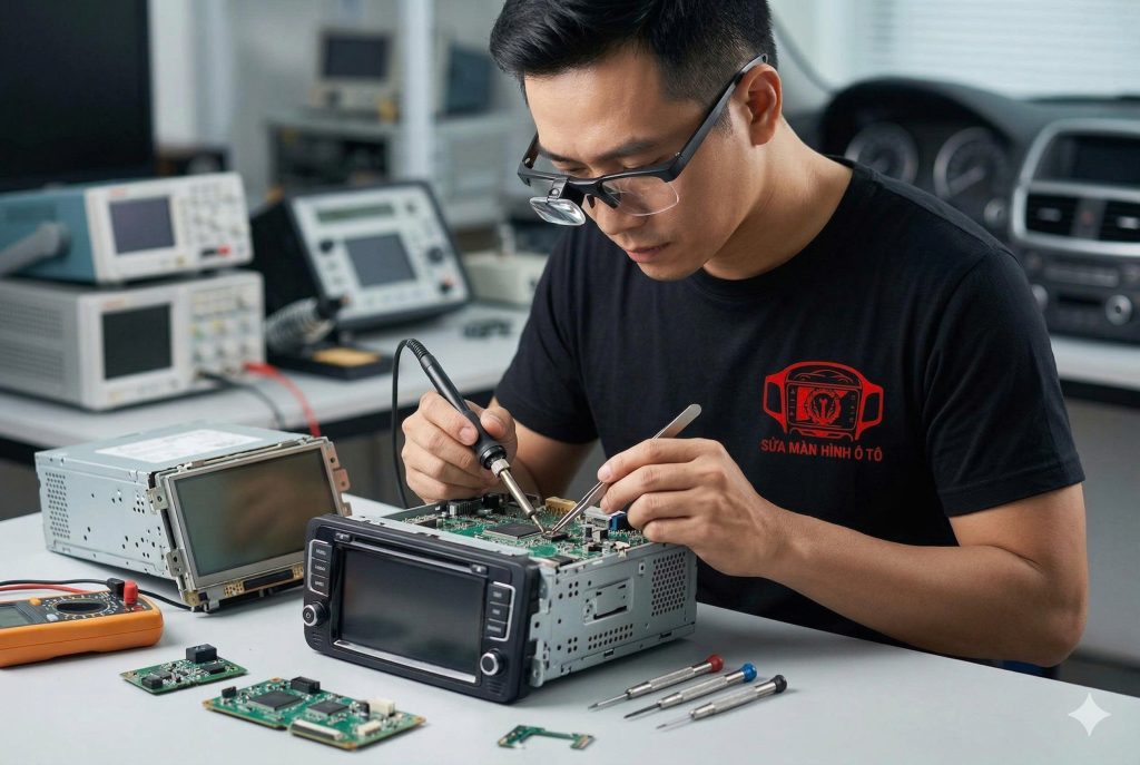 Kỹ thuật viên đang lắp đặt màn hình Android ô tô tại Huân Sửa Màn Hình Ô Tô